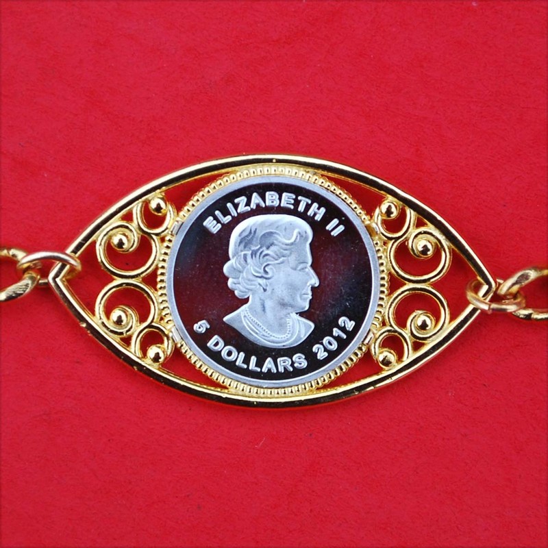 1 Gram Canada Miniature $20 .999 Silver Coin 8" Gold Plated Linked Bracelet NOS gallery
