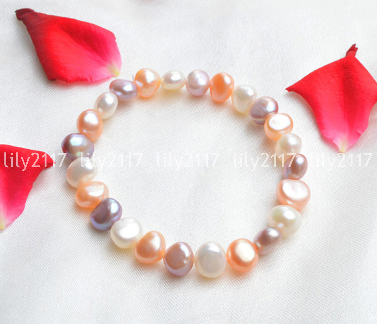 Genuine 8-9mm White Pink Purple Natural Freshwater Baroque Pearl Bracelets 7.5'' gallery