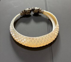 Vintage Estate Hand-Carved Shell & Silver Elephant Bangle Bracelet