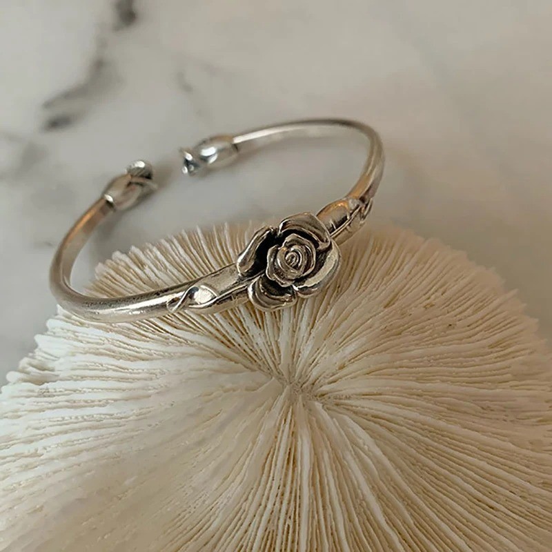 Vintage Flower Retro Rose Cuff Bangle 925 Sterling Silver Women Jewelry Bracelet gallery