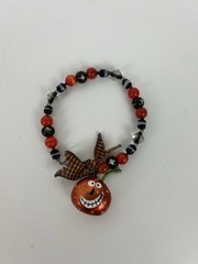 Halloween Bracelet Jewelry Beads Wood Glass Metal Jack-o-Lantern Charm Primitive