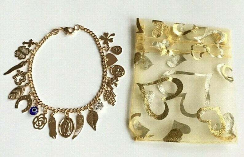 14K GOLD FILLED CHARM BRACELET MONEY ,LUCK 7.5” LONG/PULSERA DE BUENA SUERTE-B48 gallery