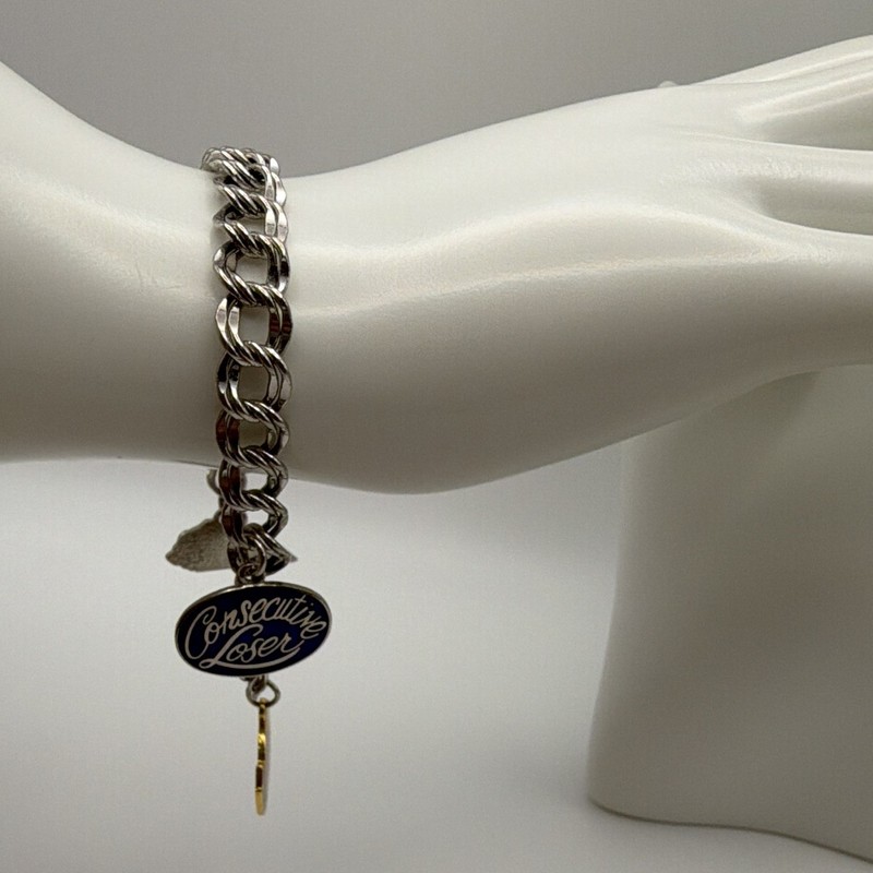 Silver Tone Curb Chain Charm Bracelet, Enamel Multicolor Dangle Charms gallery