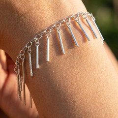 Silver Tone Minimalist Straight Bar Charm Bracelet | Boho Adjustable Chain