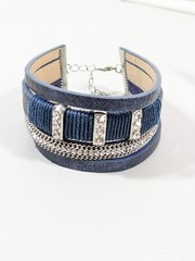 Silver Tone Blue Faux Leather Crystal Band Bracelet 9 inches