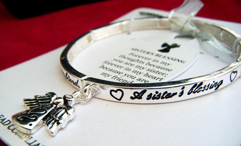 SISTER'S BLESSING-Stretch Silvertone Bracelet-Angel Charm-Bookmark included gallery