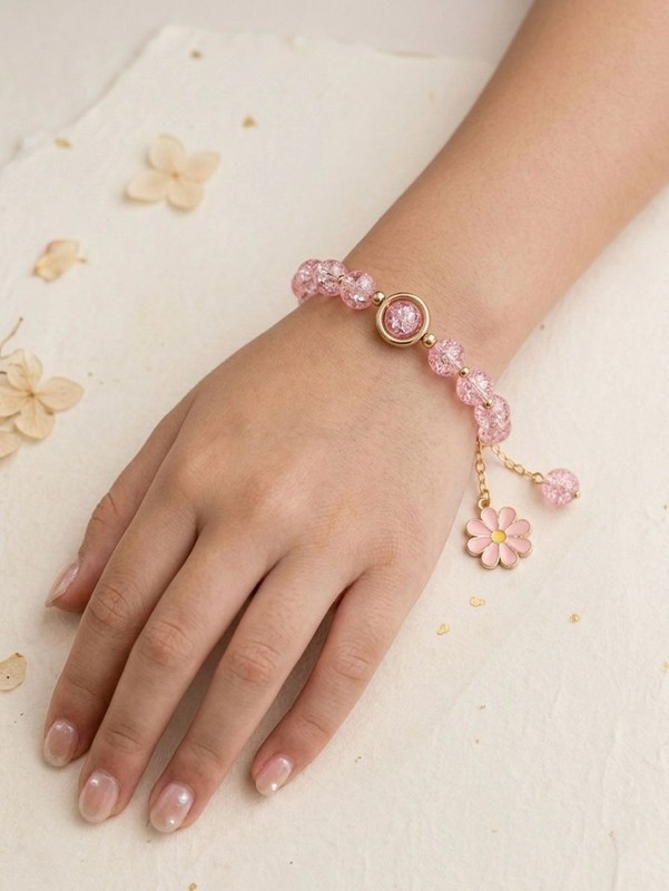 Pink Daisy Bracelet for Women, Flower Charm Bracelet, Pink Crystal Bead Bracelet gallery