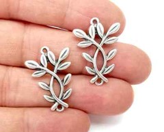 2 Branch Plant Leaf Charms Connector Antique Silver Plated G28080