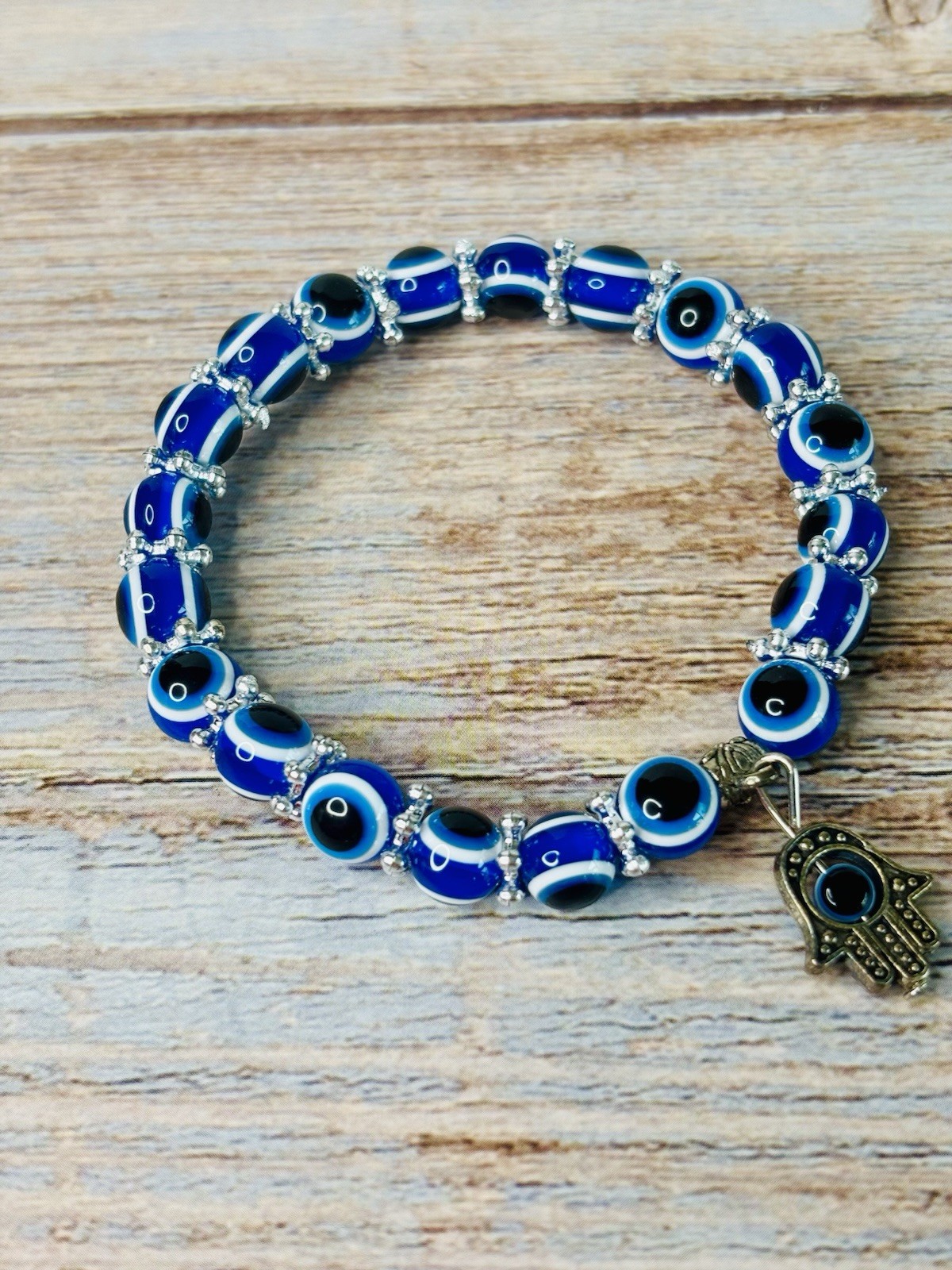 Evil Eye Blue Beaded Stretch Fashion Bracelet. Silver Tone One Size Fits Most gallery