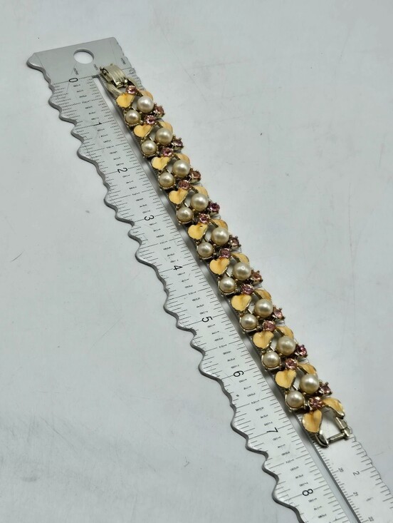 50's Signed BSK Pink Rhinestone Bracelet Faux Pearl Enamel Gold Tone MCM Jewelry gallery