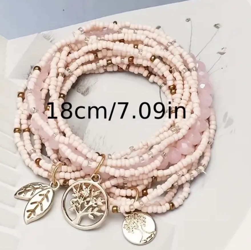 Boho Pink Agate Beaded Stacking Bracelets With Charms - Set Of 3 - Tree Of Life gallery