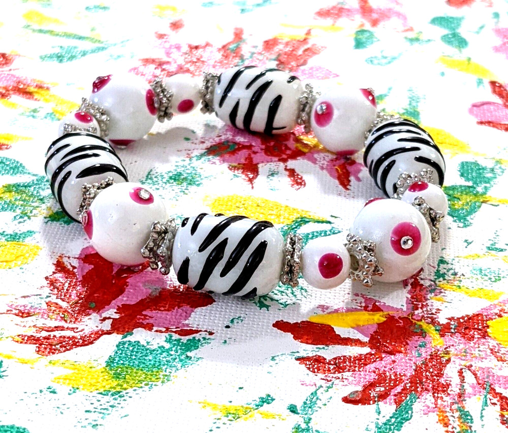 Zebra Bracelet Animal Print Black PINK Beaded Stretch Bracelet for Women