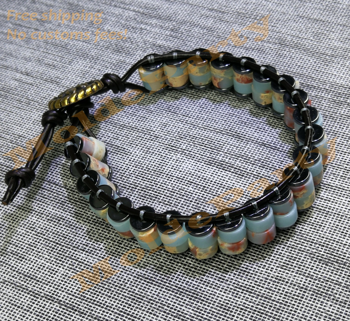 Handmade Natural Agalmatolite Beaded Leather Bracelet Gift Healing Reiki Jewelry gallery