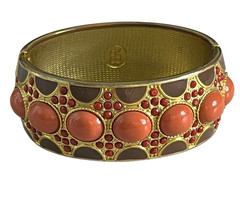 Banana Republic Jeweled Hinged Bangle Bracelet Gold Tone Brown Coral Cabochon