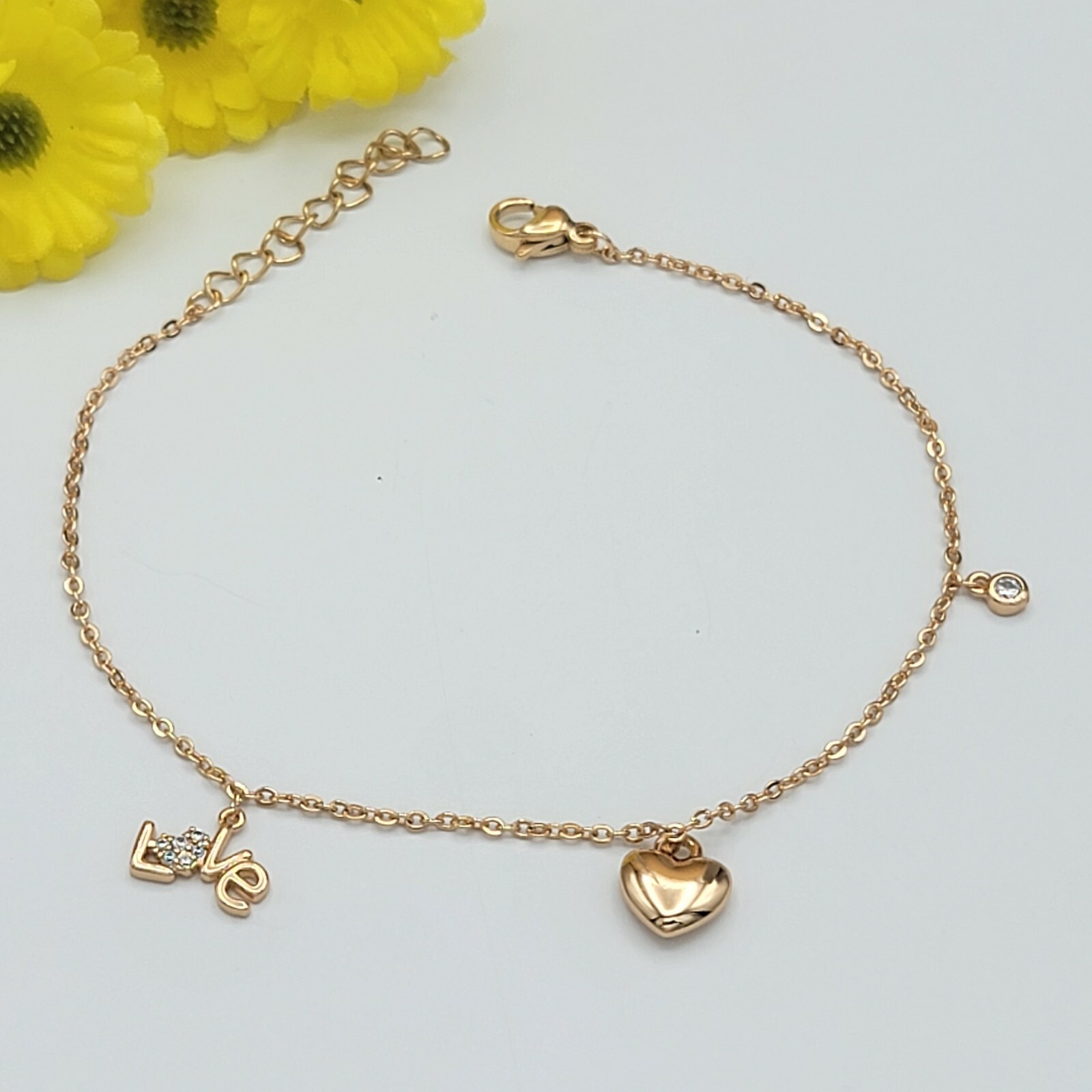 18K Gold Plated Fashion Love & Heart Charms Chain Bracelet. Oro Laminado gallery