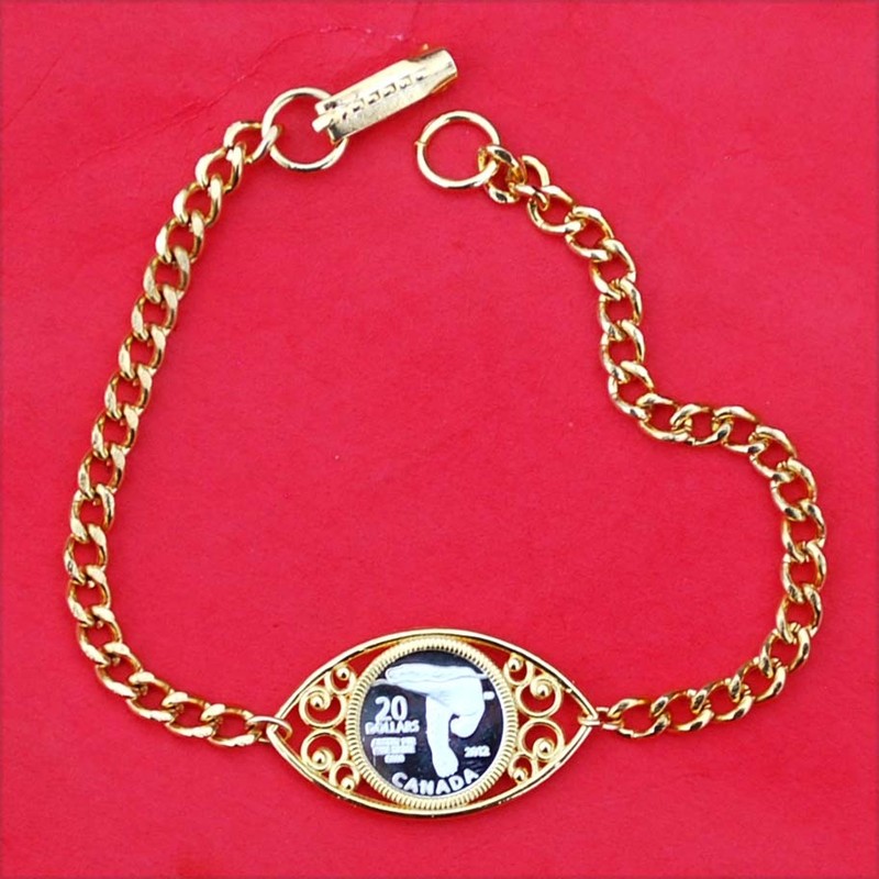 1 Gram Canada Miniature $20 .999 Silver Coin 8" Gold Plated Linked Bracelet NOS gallery