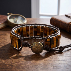 Natural Tiger Eye Stone Bracelet Brown Leather Braid Wristband Mens Boho Jewelry