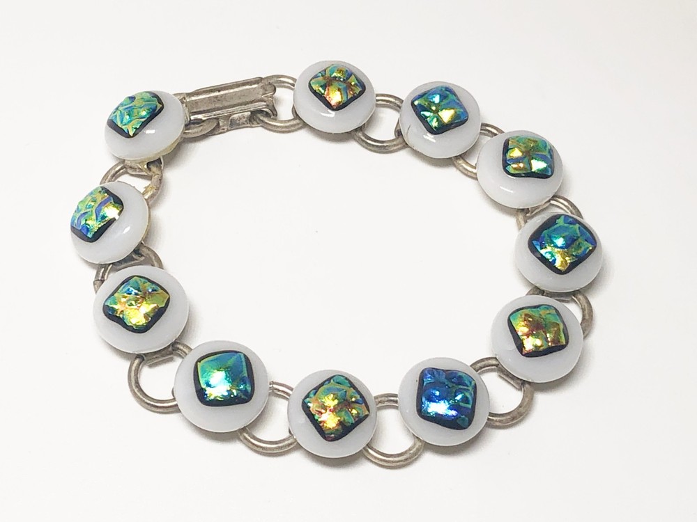 Artisan Fused Glass Cabochon Bracelet Metallic Dichroic Silver Chain Linked 6.5"