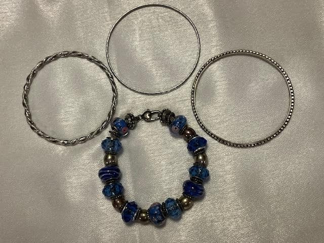 Set 4 Bracelets: 1 Glass/Metal Beaded (9") and 3 Silver Toned Bracelets gallery