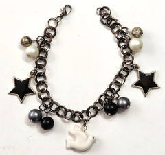 Gunmetal Charm Bracelet White Dove Faux Pearls Enamel Stars Celestial Wishes