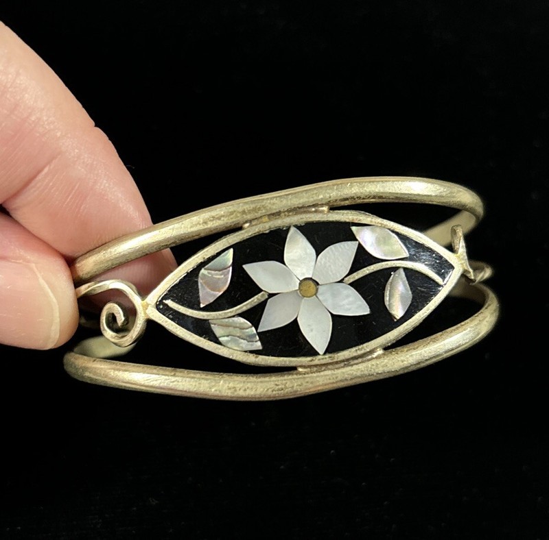Vintage 1970s Alpaca Silver Mother Of Pearl Floral Cuff Bracelet Marked gallery