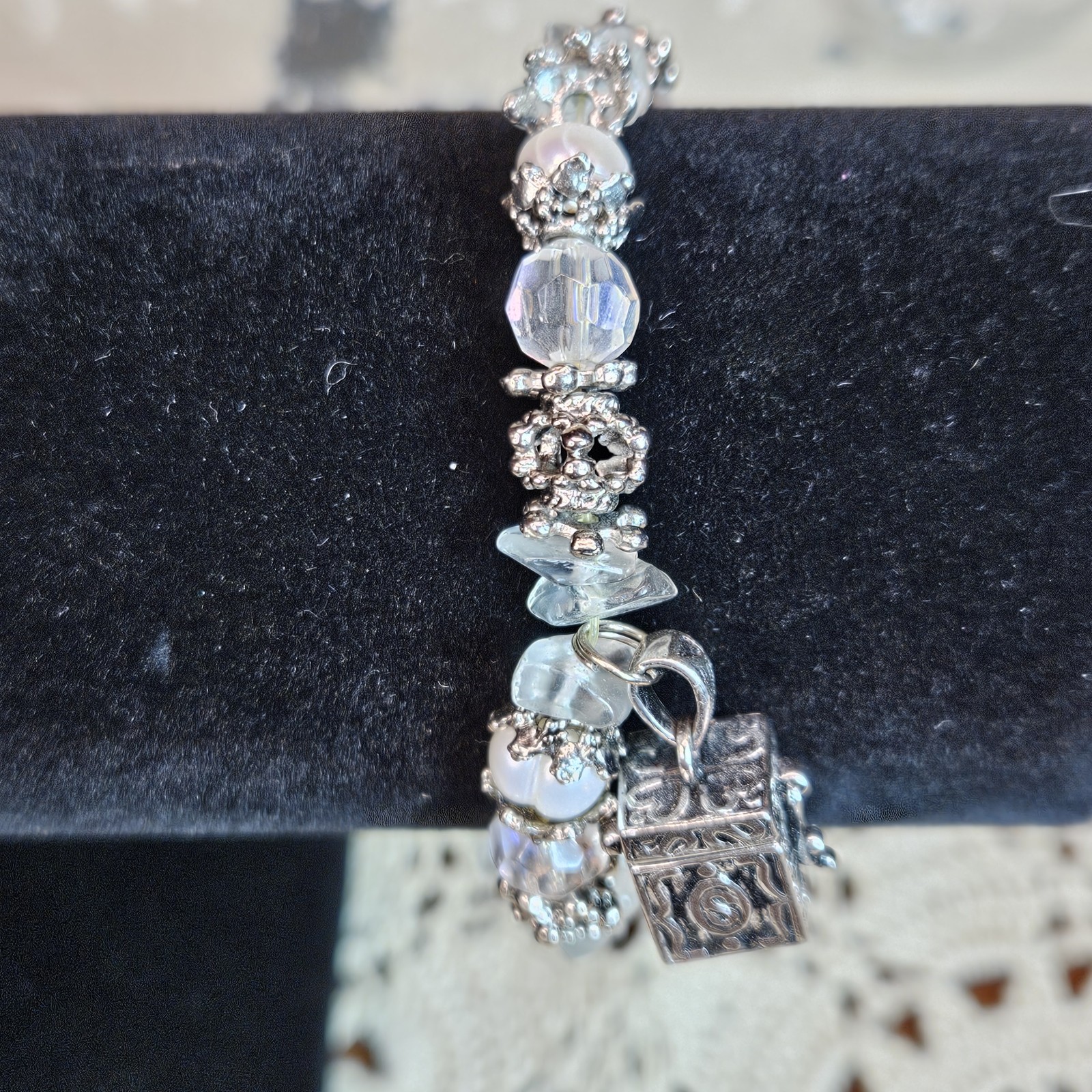 Sterling Silver Prayer Box Charm on Stretch Bracelet Light Blue & Clear Beads gallery