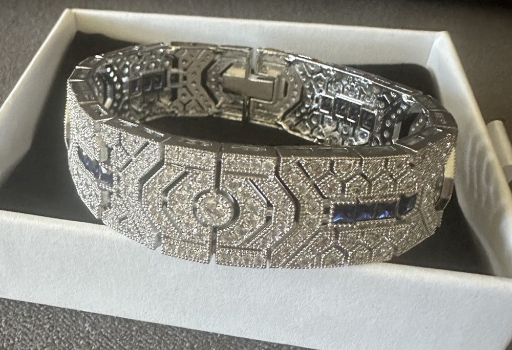 Art Deco Style Bracelet Moissonite Rhodium Plated And Deep Blue Crystals 7”