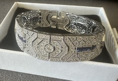 Art Deco Style Bracelet Moissonite Rhodium Plated And Deep Blue Crystals 7”