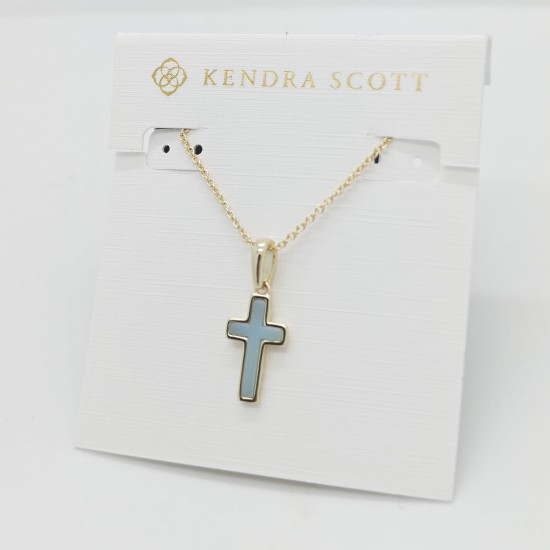 New Kendra Scott Cross Gold Pendant Necklace in Light Blue Dichroic Glass gallery