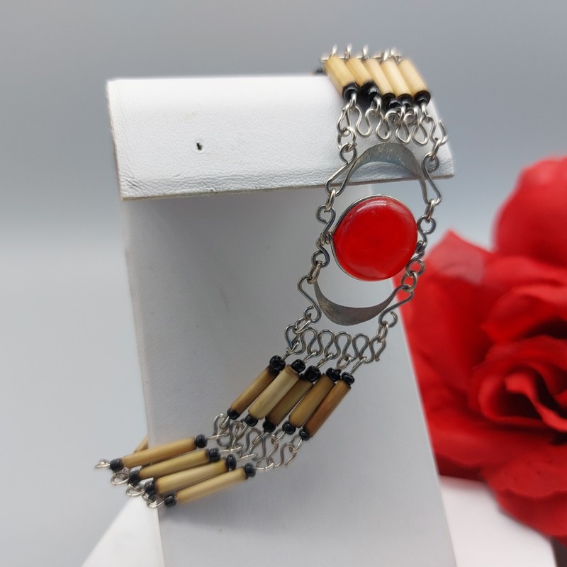 Awesome Light Weight Native Look Bracelet Red Bead Brown Wood (?) Bars S Hook 8" gallery
