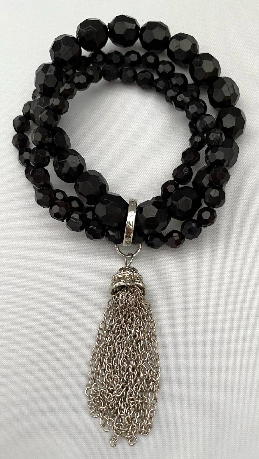 3 STRETCH BRACELETS BLACK FACETED BEADS SILVERTONE CHAIN TASSEL FREE SHIPPING gallery