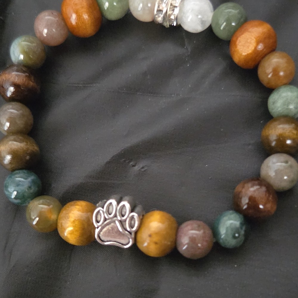 Multicolor Stone Round Beaded Stretch Bracelet Paw Print Dangle Charm Stackable