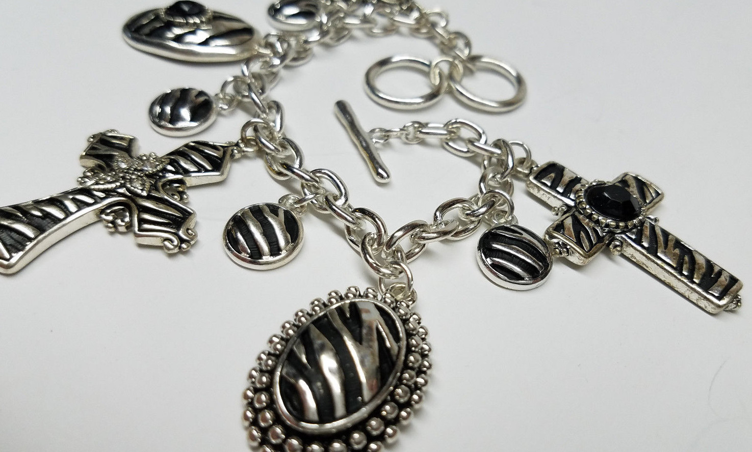 ASSORTED CROSSES THEME BLACK & SILVER MEN LADIES CHARM BRACELET 7-8" TOGGLE LOCK gallery