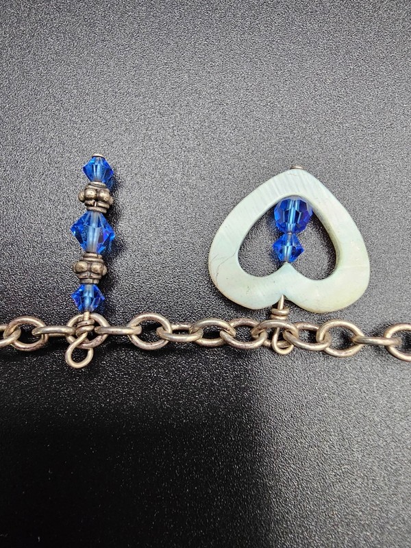 Blue Heart Charm Bracelet Silver Tone Toggle Clasp Beaded Artisan Handmade 7.5" gallery