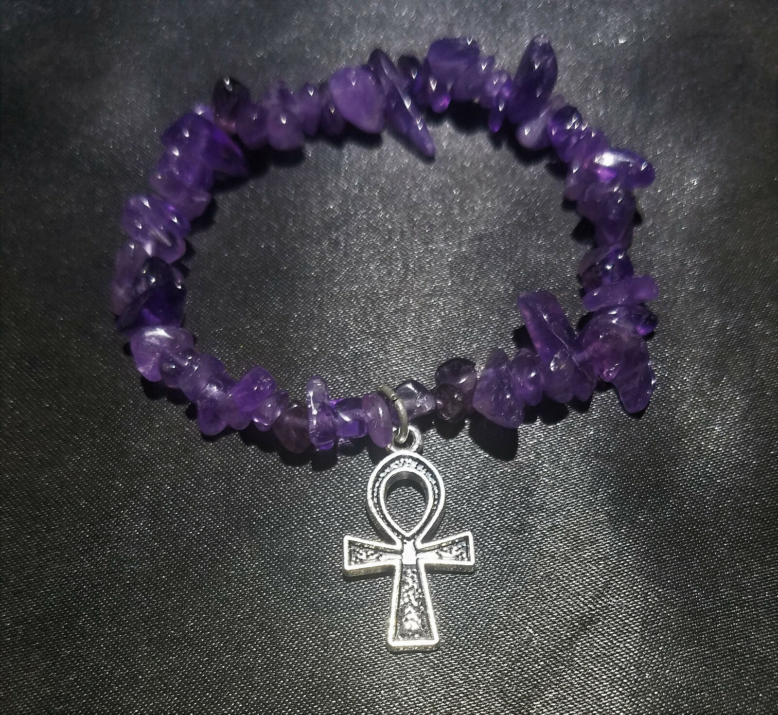 Super Charged Amethyst Chip Stretchy Bracelet & Silvertone ANKH, Magic, Reiki! gallery