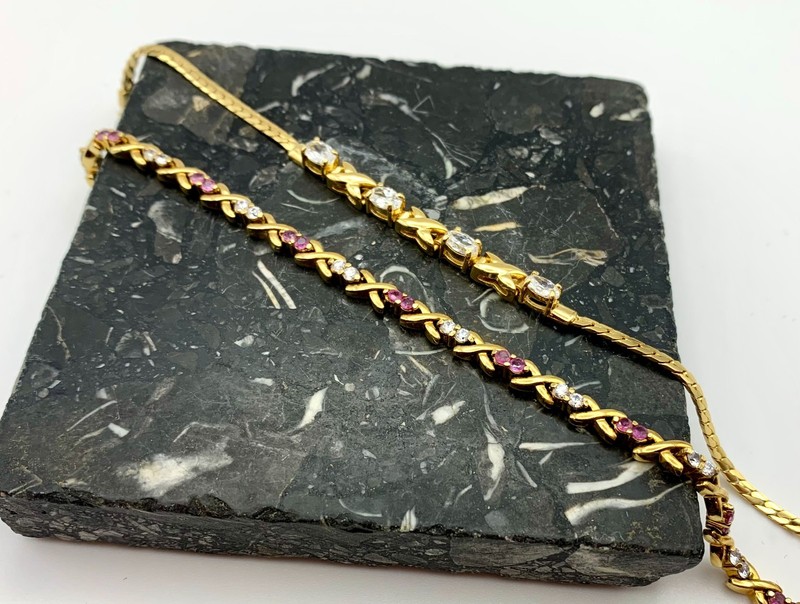 Lot of 2 Tennis Bracelets Crystal & Pink Rhinestones Hugs & Kisses Gold Tone gallery