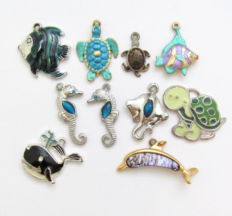 Ocean Sea Charms Whale Dolphin Turtle Sea Horse Fish Enamel Abalone Lot 10 PC gallery