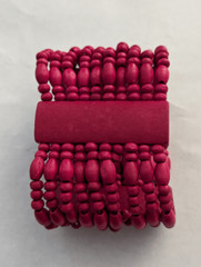 Hot pink wooden beaded cuff stretch bracelet 2.25″ wide Boho