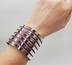 Wide Cuff Bracelet 2in Silver Tone Purple Leather Underlay Rivets Layered Biker