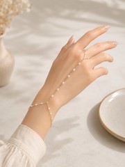 Gold Pearl Hand Chain Bracelet Finger Ring Adjustable Dainty Bridal Jewelry