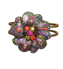 Hinged Bangle Bracelet – purple flower- dark gold color- colorful rhinestones