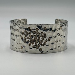 Cuff Bracelet Silver Tone Hammered Metal Brown Rhinestone Cluster