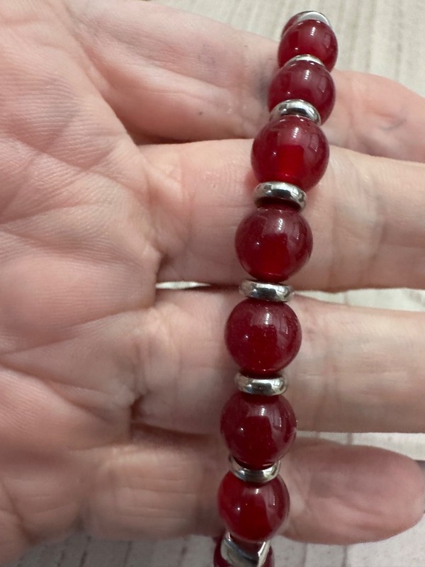 Rustic Cuff Deep Red Beaded Stretch Bracelet Silvertone Charm gallery