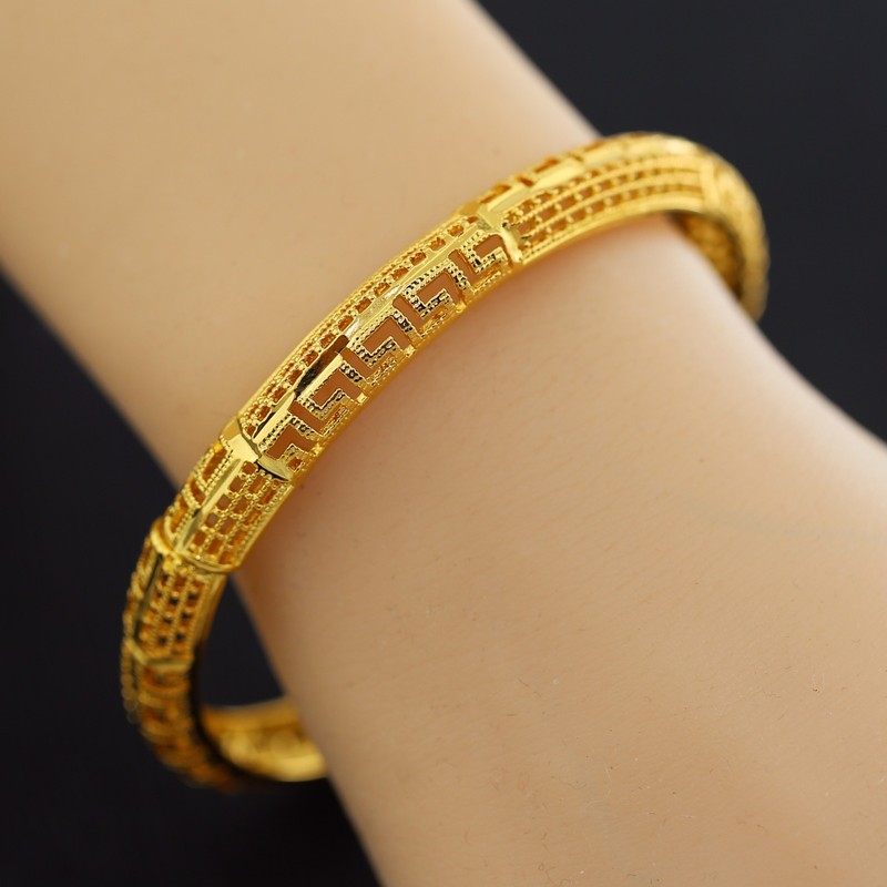 18K YELLOW GOLD FILLED 8MM Matte GREEK KEY BAND 60MM WOMEN SOLID BANGLE BRACELET gallery