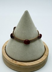 Hong Kong Gold Tone Mesh Bracelet Red Cabochon Stones Adjustable Buckle Clasp S3