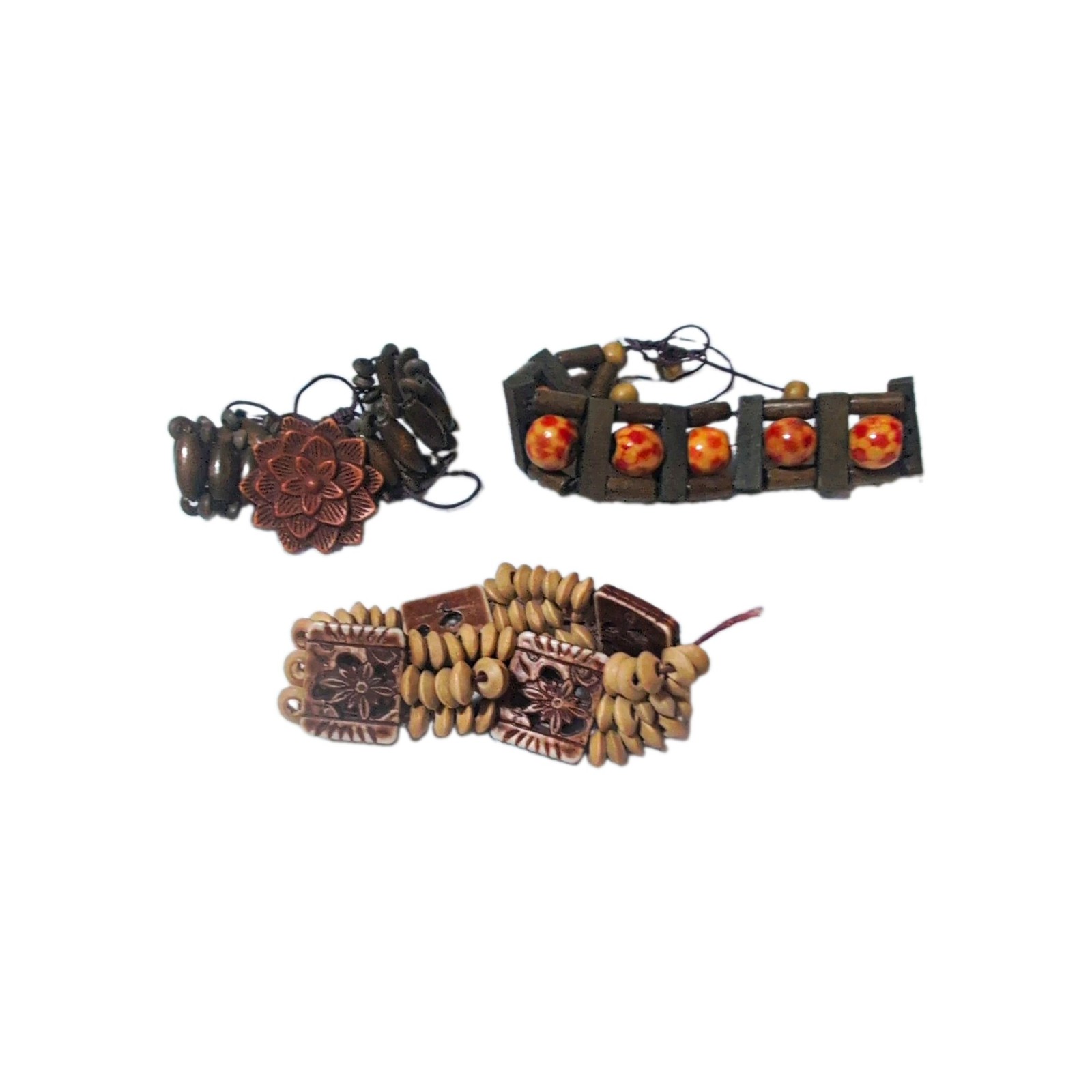 Lot of 3 Wood Beaded Bohemian Bracelets Adjustable Drawstring Cord Flower gallery