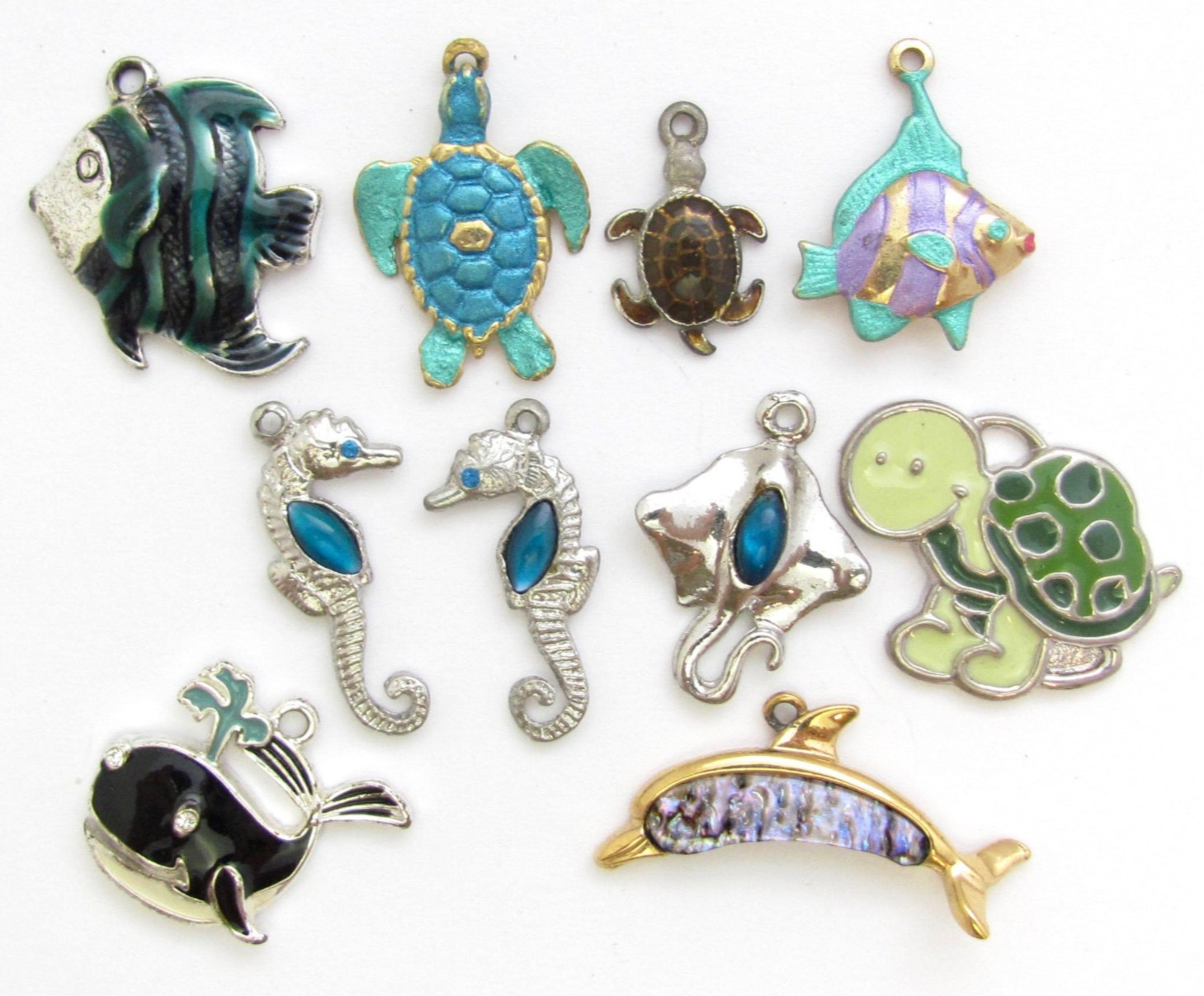 Ocean Sea Charms Whale Dolphin Turtle Sea Horse Fish Enamel Abalone Lot 10 PC gallery