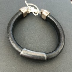 Black Leather Look Bracelet Silver Tone Grunge Modernist Minimalist Heavy Patina