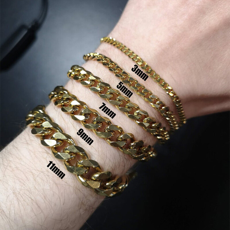 Men's Curb Cuban Chain Bracelet Gold Plated Stainless Steel 3/5/7/9/11mm Width gallery