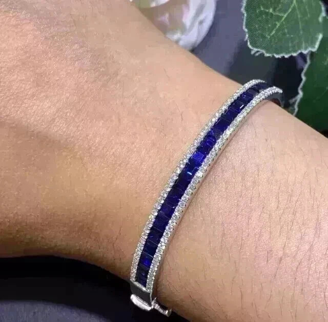 9Ct Princess Cut Simulated Blue Sapphire Bangle Bracelet 14K White Gold Plated gallery